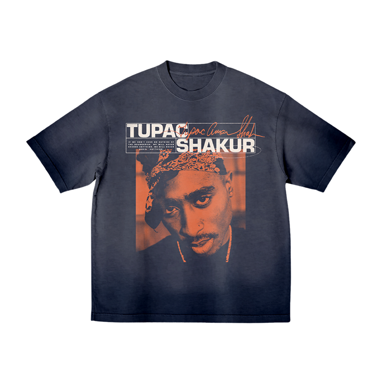 faded navy short-sleeve t-shirt featuring image of 2Pac with orange signature and "If We Don't Ever Go Outside Of The Boundaries, We Will Never Change Anything, We Will Never Begin Anything" quote.